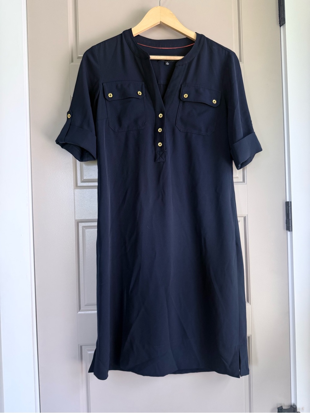 Jones New York navy blue gold accents work career dress